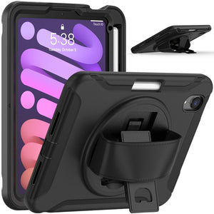 For iPad mini 6 360 Degree Rotation PC + TPU Protective Tablet Case with Holder & Hand-strap(Black)