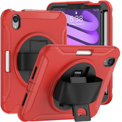 For iPad mini 6 360 Degree Rotation PC + TPU Protective Tablet Case with Holder & Hand-strap(Red)