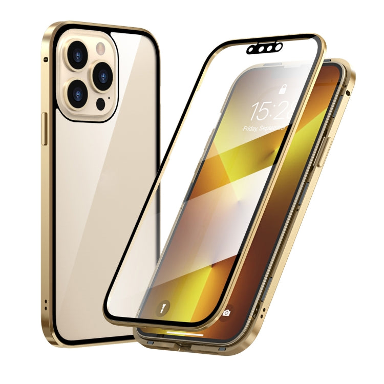 For iPhone 13 Pro Max HD Magnetic Metal Frame Double-sided Tempered Glass Phone Case (Gold)
