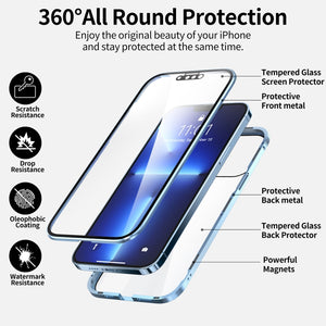 For iPhone 13 Pro Max HD Magnetic Metal Frame Double-sided Tempered Glass Phone Case (Sierra Blue)