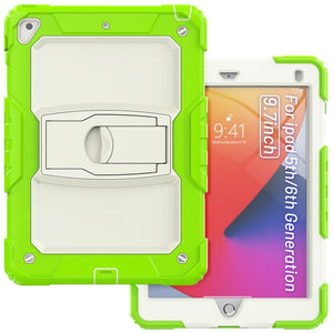 Shockproof Colorful Silicone + Beige PC Tablet Protective Case with Holder & Shoulder Strap For iPad 9.7 2018 / 2017(Yellow Green)