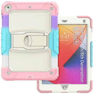 Shockproof Colorful Silicone + Beige PC Tablet Protective Case with Holder & Shoulder Strap For iPad 9.7 2018 / 2017(Camouflage Pink)