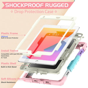 Shockproof Colorful Silicone + Beige PC Tablet Protective Case with Holder & Shoulder Strap For iPad 9.7 2018 / 2017(Camouflage Pink)