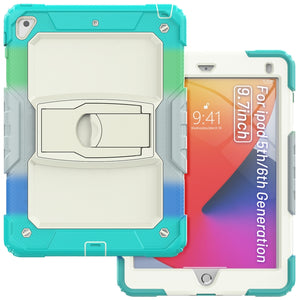 Shockproof Colorful Silicone + Beige PC Tablet Protective Case with Holder & Shoulder Strap For iPad 9.7 2018 / 2017(Camouflage Light Blue)