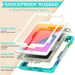 Shockproof Colorful Silicone + Beige PC Tablet Protective Case with Holder & Shoulder Strap For iPad 9.7 2018 / 2017(Camouflage Light Blue)