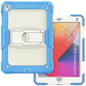 Shockproof Colorful Silicone + Beige PC Tablet Protective Case with Holder & Shoulder Strap For iPad 9.7 2018 / 2017(Blue)