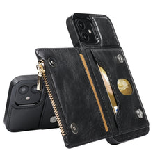 For iPhone 12 mini Zipper Wallet Bag PU Back Cover Shockrpoof Phone Case with Holder & Card Slots & Wallet (Black)