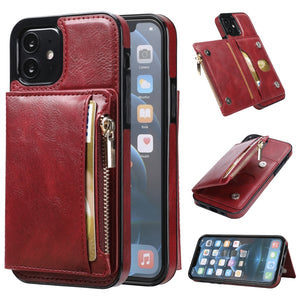 For iPhone 12 mini Zipper Wallet Bag PU Back Cover Shockrpoof Phone Case with Holder & Card Slots & Wallet (Red)