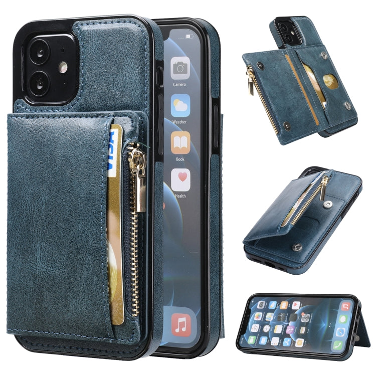 For iPhone 12 mini Zipper Wallet Bag PU Back Cover Shockrpoof Phone Case with Holder & Card Slots & Wallet (Blue)