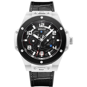 BAOGELA 2001 Luminous Calendar Leather Strap Mechanical Watch For Men(Black Silver)