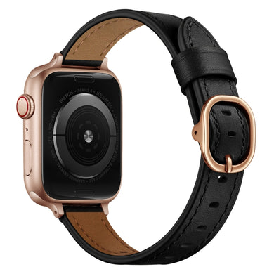 14mm Leather Watch Band For Apple Watch Series 8&7 41mm / SE 2&6&SE&5&4 40mm / 3&2&1 38mm(Black Rose Gold Buckle)