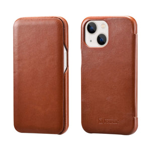 For iPhone 13 ICARER First Layer Cowhide Horizontal Flip Phone Case(Brown)