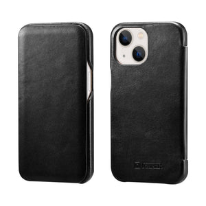 For iPhone 13 ICARER First Layer Cowhide Horizontal Flip Phone Case(Black)