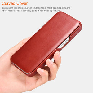 For iPhone 13 Pro Max ICARER First Layer Cowhide Horizontal Flip Phone Case (Brown)