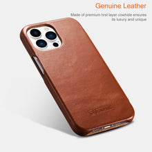 For iPhone 13 Pro Max ICARER First Layer Cowhide Horizontal Flip Phone Case (Brown)