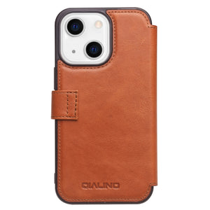 For iPhone 13 QIALINO Magnetic Buckle Phone Leather Case with Card Slot(Brown)