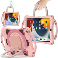 Cute Cat King Kids Shockproof Silicone Tablet Case with Holder & Shoulder Strap & Handle For iPad 10.2 2019 / 2020 / 2021 / Pro 10.5(Pink)