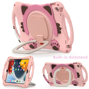 Cute Cat King Kids Shockproof Silicone Tablet Case with Holder & Shoulder Strap & Handle For iPad 10.2 2019 / 2020 / 2021 / Pro 10.5(Pink)