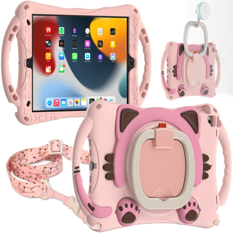 Cute Cat King Kids Shockproof Silicone Tablet Case with Holder & Shoulder Strap & Handle For iPad 10.2 2019 / 2020 / 2021 / Pro 10.5(Pink)