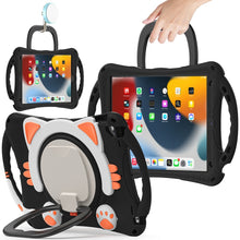 Cute Cat King Kids Shockproof Silicone Tablet Case with Holder & Shoulder Strap & Handle For iPad 10.2 2019 / 2020 / 2021 / Pro 10.5(Black Orange)