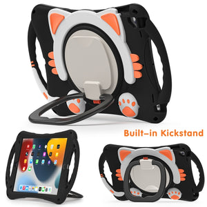 Cute Cat King Kids Shockproof Silicone Tablet Case with Holder & Shoulder Strap & Handle For iPad 10.2 2019 / 2020 / 2021 / Pro 10.5(Black Orange)