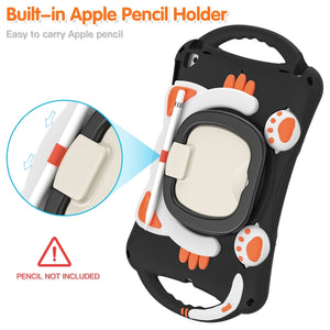 Cute Cat King Kids Shockproof Silicone Tablet Case with Holder & Shoulder Strap & Handle For iPad 10.2 2019 / 2020 / 2021 / Pro 10.5(Black Orange)