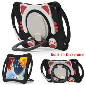 Cute Cat King Kids Shockproof Silicone Tablet Case with Holder & Shoulder Strap & Handle For iPad 10.2 2019 / 2020 / 2021 / Pro 10.5(Black Red)