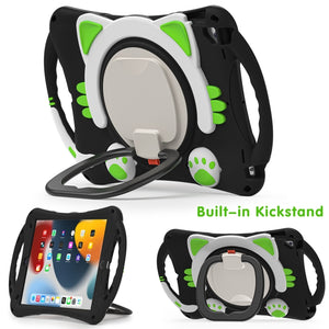 Cute Cat King Kids Shockproof Silicone Tablet Case with Holder & Shoulder Strap & Handle For iPad 10.2 2019 / 2020 / 2021 / Pro 10.5(Black Green)