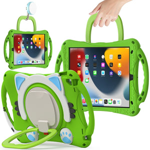 Cute Cat King Kids Shockproof Silicone Tablet Case with Holder & Shoulder Strap & Handle For iPad 10.2 2019 / 2020 / 2021 / Pro 10.5(Green)