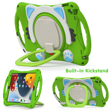 Cute Cat King Kids Shockproof Silicone Tablet Case with Holder & Shoulder Strap & Handle For iPad 10.2 2019 / 2020 / 2021 / Pro 10.5(Green)