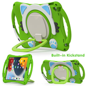 Cute Cat King Kids Shockproof Silicone Tablet Case with Holder & Shoulder Strap & Handle For iPad 10.2 2019 / 2020 / 2021 / Pro 10.5(Green)
