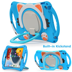 Cute Cat King Kids Shockproof Silicone Tablet Case with Holder & Shoulder Strap & Handle For iPad 10.2 2019 / 2020 / 2021 / Pro 10.5(Light Blue)