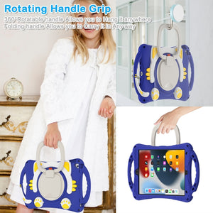 Cute Cat King Kids Shockproof Silicone Tablet Case with Holder & Shoulder Strap & Handle For iPad 10.2 2019 / 2020 / 2021 / Pro 10.5(Dark Blue)
