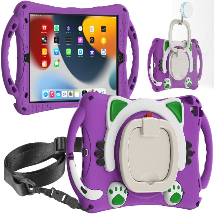 Cute Cat King Kids Shockproof Silicone Tablet Case with Holder & Shoulder Strap & Handle For iPad 10.2 2019 / 2020 / 2021 / Pro 10.5(Purple)