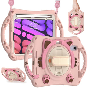 For iPad mini 6 Cute Cat King Kids Shockproof Silicone Tablet Case with Holder & Shoulder Strap & Handle(Pink)