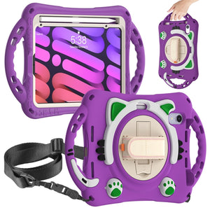 For iPad mini 6 Cute Cat King Kids Shockproof Silicone Tablet Case with Holder & Shoulder Strap & Handle(Purple)