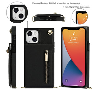 For iPhone 13 Cross-body Zipper Square Phone Case with Holder(Black)