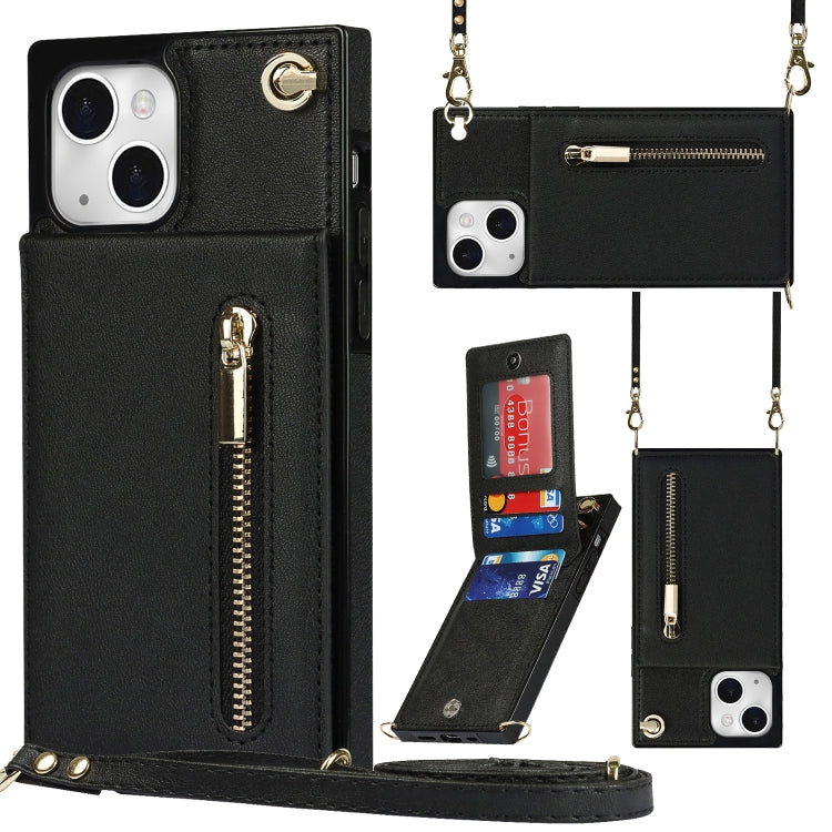 For iPhone 13 Cross-body Zipper Square Phone Case with Holder(Black)