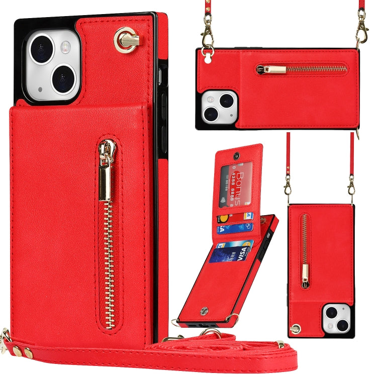 For iPhone 13 Cross-body Zipper Square Phone Case with Holder(Red)