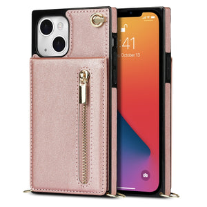 For iPhone 13 Cross-body Zipper Square Phone Case with Holder(Rose Gold)