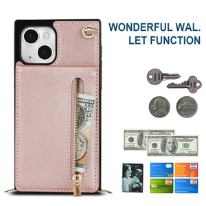 For iPhone 13 Cross-body Zipper Square Phone Case with Holder(Rose Gold)