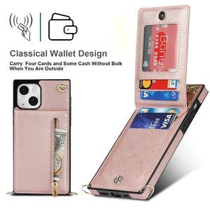 For iPhone 13 Cross-body Zipper Square Phone Case with Holder(Rose Gold)