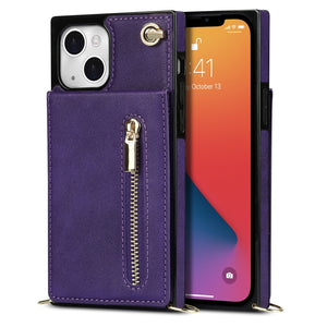 For iPhone 13 Cross-body Zipper Square Phone Case with Holder(Purple)