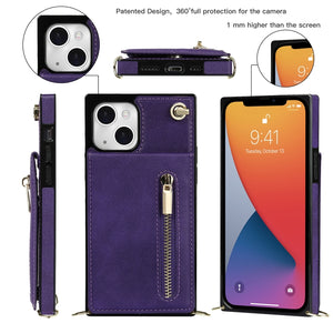 For iPhone 13 Cross-body Zipper Square Phone Case with Holder(Purple)