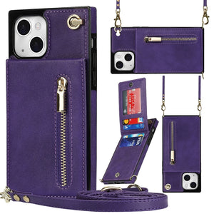 For iPhone 13 Cross-body Zipper Square Phone Case with Holder(Purple)