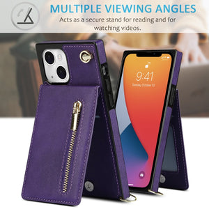 For iPhone 13 Cross-body Zipper Square Phone Case with Holder(Purple)