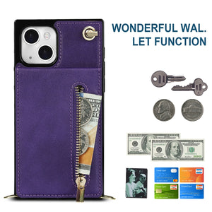 For iPhone 13 Cross-body Zipper Square Phone Case with Holder(Purple)