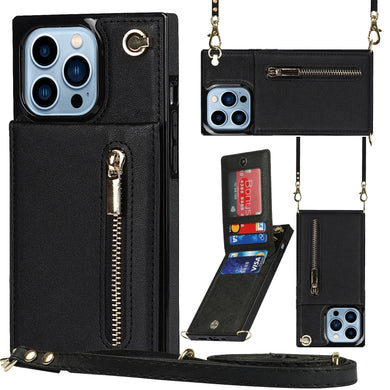 For iPhone 13 Pro Cross-body Zipper Square Phone Case with Holder (Black)