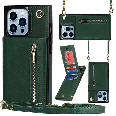 For iPhone 13 Pro Cross-body Zipper Square Phone Case with Holder (Green)