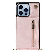 For iPhone 13 Pro Cross-body Zipper Square Phone Case with Holder (Rose Gold)